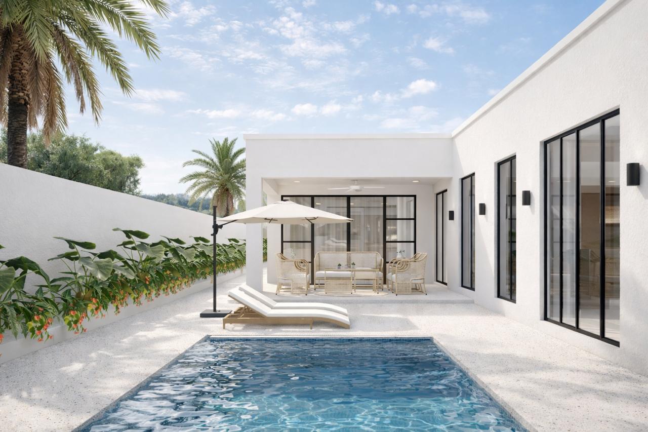 Galu Bungalows — pool view with white-stucco villa